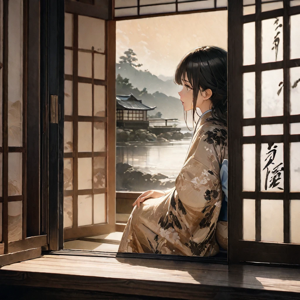 Girl, Ink Painting, In the tranquility of a traditional Japanese room, A girl wearing a kimono is sitting upright, Her eyes were fixed on the window pane.. , Panoramic View, 8k,((masterpiece:1.4, Highest quality)), Black Hair, Brown eyes, (Depth of written boundary:1.3), Lower Body, High quality scenes, Vivid and photorealistic, Super detailed, 8k, masterpiece, elegant, Beautiful summer sky, Warm atmosphere, Clear lines, Official Art, Professional, Ultra high definition