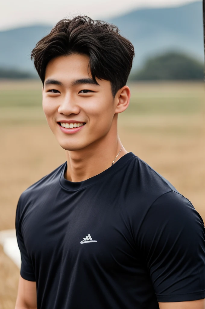 single: 1.5, (ที่TRUEแล้ว, Masterpiece, 8k HD, good light quality, sportswear, to fit the face, complicated details), A handsome Korean man with muscular arms.. , 20 years old, be happy, smile brightly, detailed face, delicate eyes, look at the sky, Wear a navy tight T-shirt.:1.6 ., black eyes, Black hair color, ผมsmooth, smooth，SurTRUE，Excellent details，Highest quality，TRUE，Open your mouth to talk.. , Close your eyes.., (large field:1.5)