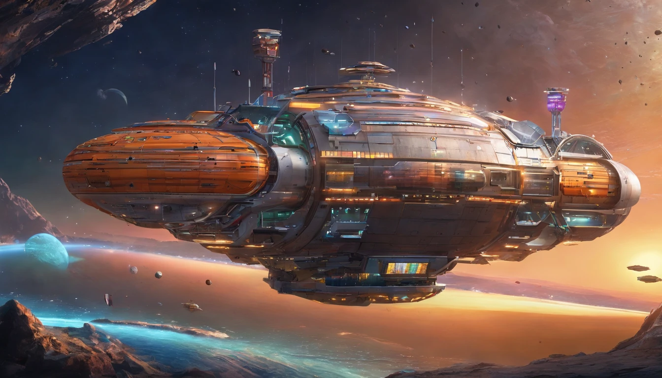 A stunning 3D render of an enormous factory space station, blending dark beach orange and metallic accents. The station resembles a mix of Babylon 5 and Deep Space 9, with six O'Neal Class space stations surrounding it and hundreds of starships creating a bustling atmosphere. Make a realistic starship out of something resembling 2 humongous steel cans, that are 244' long as 2 separate areas for the crew living quarters, the bridge , & control rooms for fresh food, and make them on a 45° angle from the front of the 144' in diameter elliptical body. The body has the engine room, and the guts of the ship. Now make nacels, that resemble D batteries, that are 96' long and tubular,& 90° angle above the back of the ship. This ship is orbiting Saturn and is near one of Saturn's Rings. Make a realistic starship out of something resembling 2 humongous steel cans, that are 244' long as 2 separate areas for the crew living quarters, the bridge , & control rooms for fresh food, and make them on a 45° angle from the front of the 144' in diameter elliptical body. The body has the engine room, and the guts of the ship. Now make nacels, that resemble AAA batteries, that are 96' long and tubular, and 90° angle above the back of the ship. This ship is orbiting Saturn and is near one of Saturn's Rings. Make a realistic starship out of something resembling 2 humongous steel cans, that are 244' long as 2 separate areas for the crew living quarters, the bridge , & control rooms for fresh food, and make them on a 45° angle from the front of the 144' in diameter elliptical body. The body has the engine room, and the guts of the ship. Now make nacels, that resemble D batteries, that are 96' long and tubular,& 90° angle above the back of the ship. This ship is orbiting Saturn and is near one of Saturn's Rings.The colossal factory shipyard features a stunning contrast against the blackness of space, with vibrant glass, crystal, and diamond elements. The overall ambiance of the scene