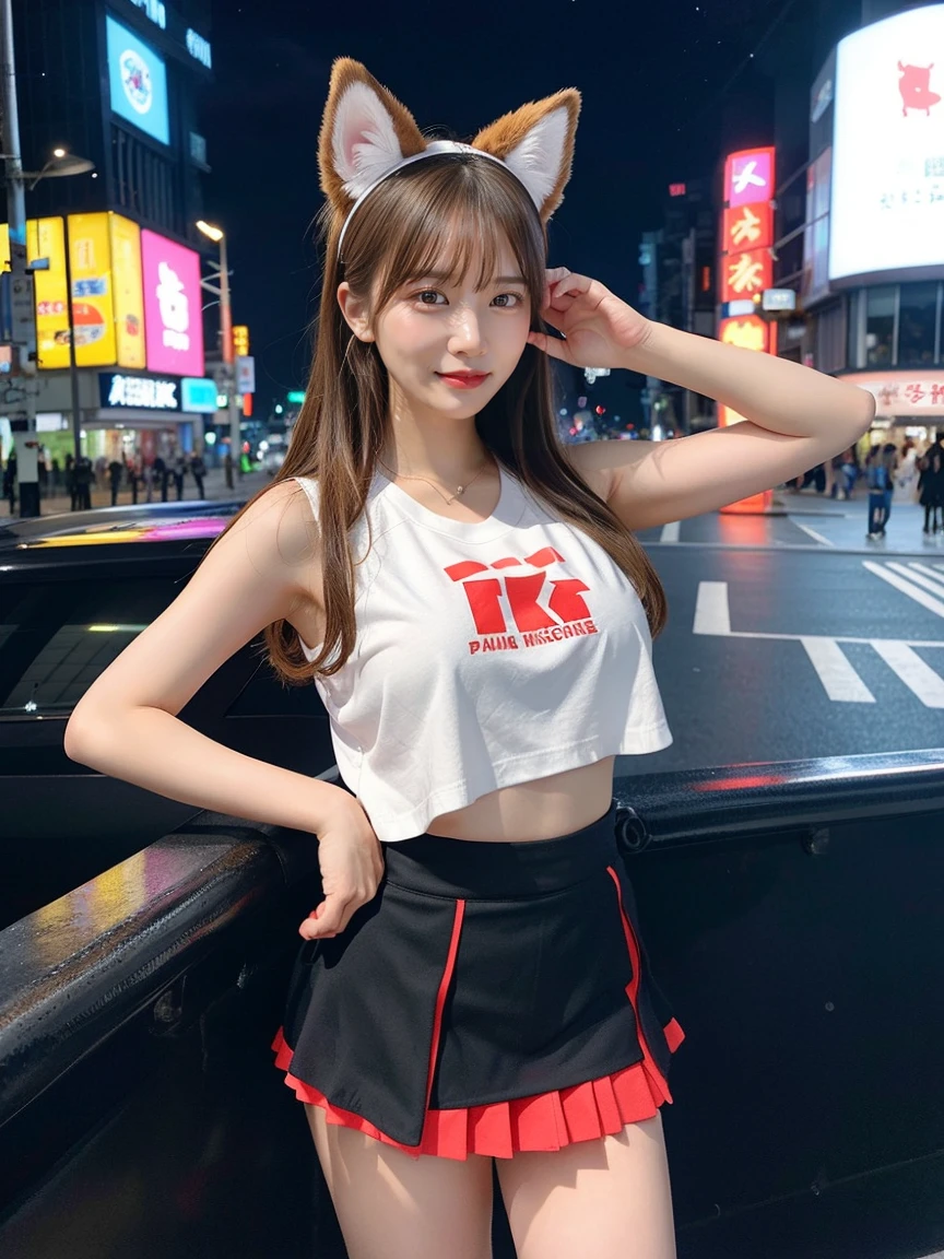 最high quality, masterpiece, 32K、Very detailed、Realistic、1 girl, Japanese women、Cute Face, (photo Actual:1.3),Medium Hair(Blonde Hair Color、Great brown hairstyles)、Edge lighting, (Skin with attention to detail:1.2), 8k超High resolution, Single-lens reflex camera, high quality, High resolution, 4K, 8k, Optimal ratio of four fingers to one thumb, (Actual:1.3), cute 1 girl, Realistic、Super Realistic、32K、Very detailed、masterpiece, 最high quality, beautiful girl, beauty、Mecha, Beautiful lighting, (Neon Light:1.2), (night:1.5), K-Pop Idol Costumes、Sleeveless outfit、Shorts、Large Breasts(big 、There is a valley)、Swiss flag t-shirt、Red and white cheerleader skirt、Fox ears headband、Are standing、Cyber Neon、Future City、Skyscraper、都会のnight、Shanghai、big cities、night景、綺麗なnight景