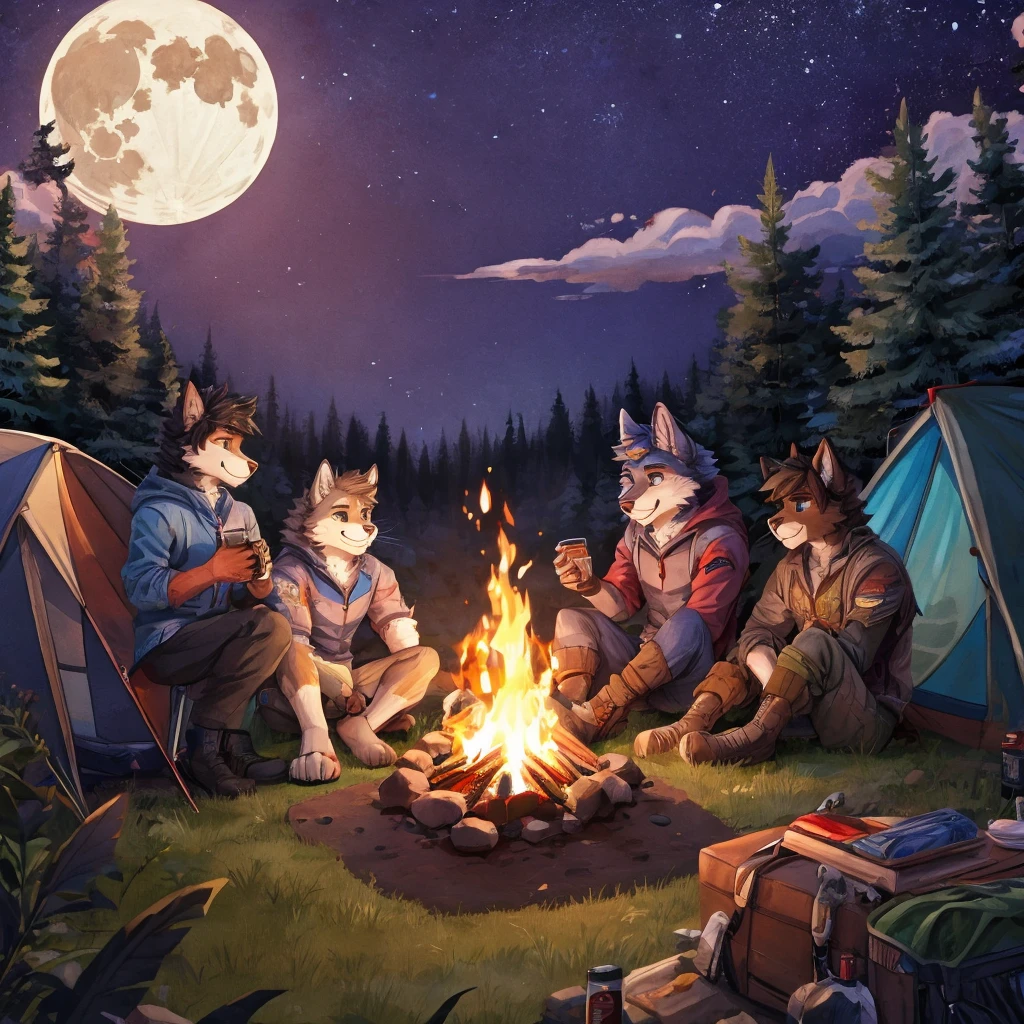 Three wolf anthro man_four cat anthro man_five camping tents_campfire_night forest background_stars_clouds_full moon