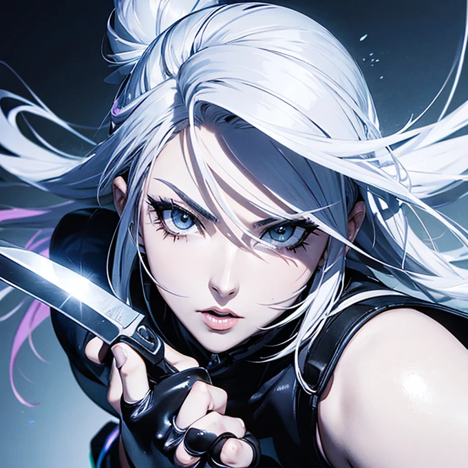 Cartoon close-up of a woman holding a knife, inspired Masamune Shirow, Masamune Shirowのスタイル, Yoji Shinkawa's art style, aerial viewyoji shinkawa, Full Color Manga Visual Style, Masamune Shirow, Comic Digital Art, Inspired by Yoji Shinkawa,Large breasted women,Pointed nipples,Thin fabric clothing((Torn Costume))The genitals are visible,My crotch is wet,Raised genitals,Pink pubic area,nude,