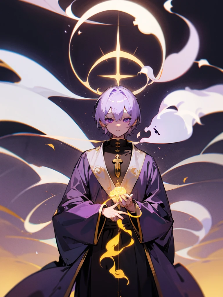 Buddha,Purple eyes, Gold Ghost, White Short Hair, Priest's clothing, torii, male, Buddha, Praying with hands together, Zazen, Blue Flame, Lotus Field, pure land, 神Buddha融合