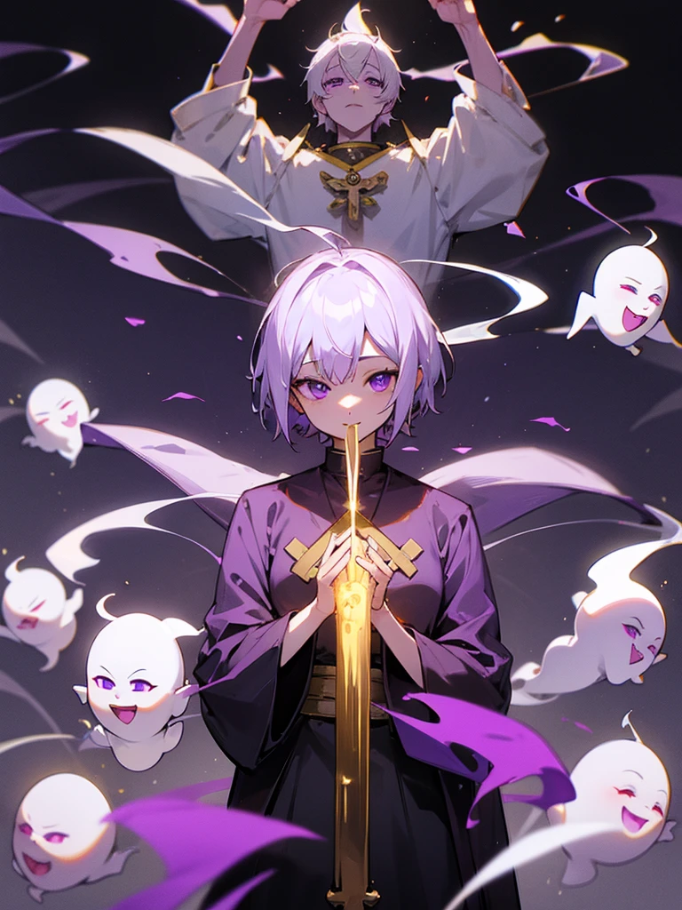 Buddha,Purple eyes, Gold Ghost, White Short Hair, Priest's clothing, torii, male, Buddha, Praying with hands together, Zazen, Blue Flame, Lotus Field, pure land, 神Buddha融合