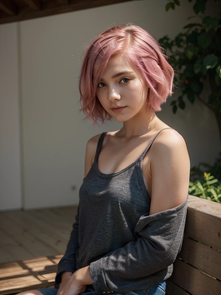 girl 21 years old, short shoulder-length hair, pink hair ,