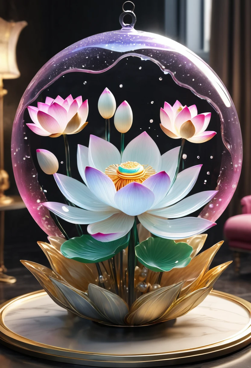 (La best quality,high resolution,super detailed,actual),Lotus flower formed from jelly,in the room,Christmas decoration,surrounded by christmas gifts,A masterpiece full of fantasy elements）））, （（best quality））, （（intricate details））（8k）