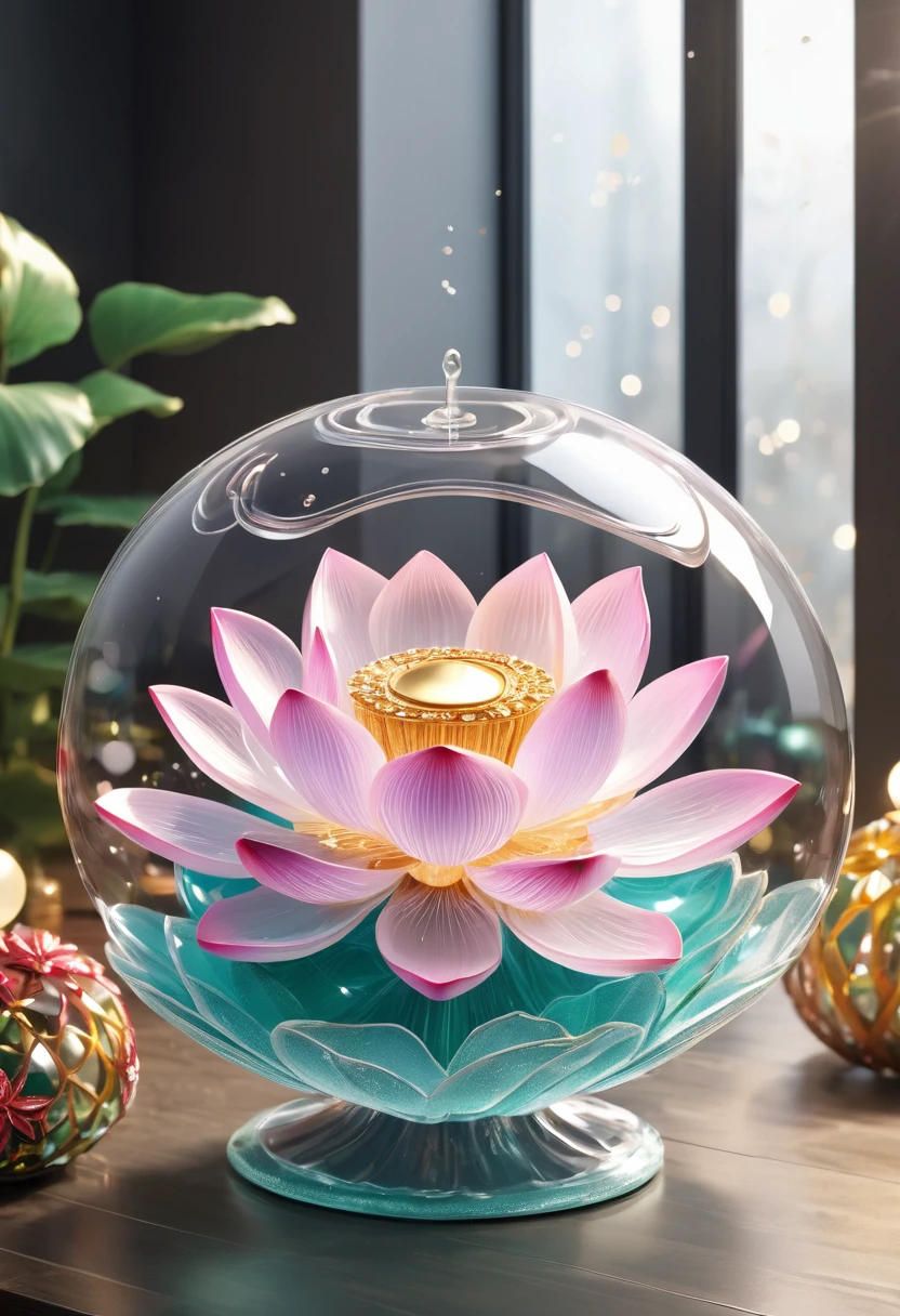 (La best quality,high resolution,super detailed,actual),Lotus flower formed from jelly,in the room,Christmas decoration,surrounded by christmas gifts,A masterpiece full of fantasy elements）））, （（best quality））, （（intricate details））（8k）