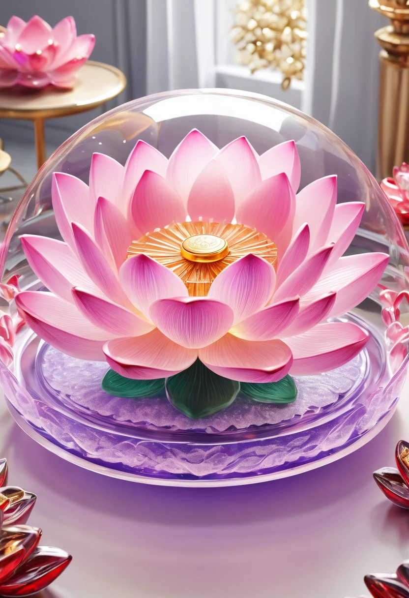 (La best quality,high resolution,super detailed,actual),Lotus flower formed from jelly,in the room,Christmas decoration,surrounded by christmas gifts,A masterpiece full of fantasy elements）））, （（best quality））, （（intricate details））（8k）