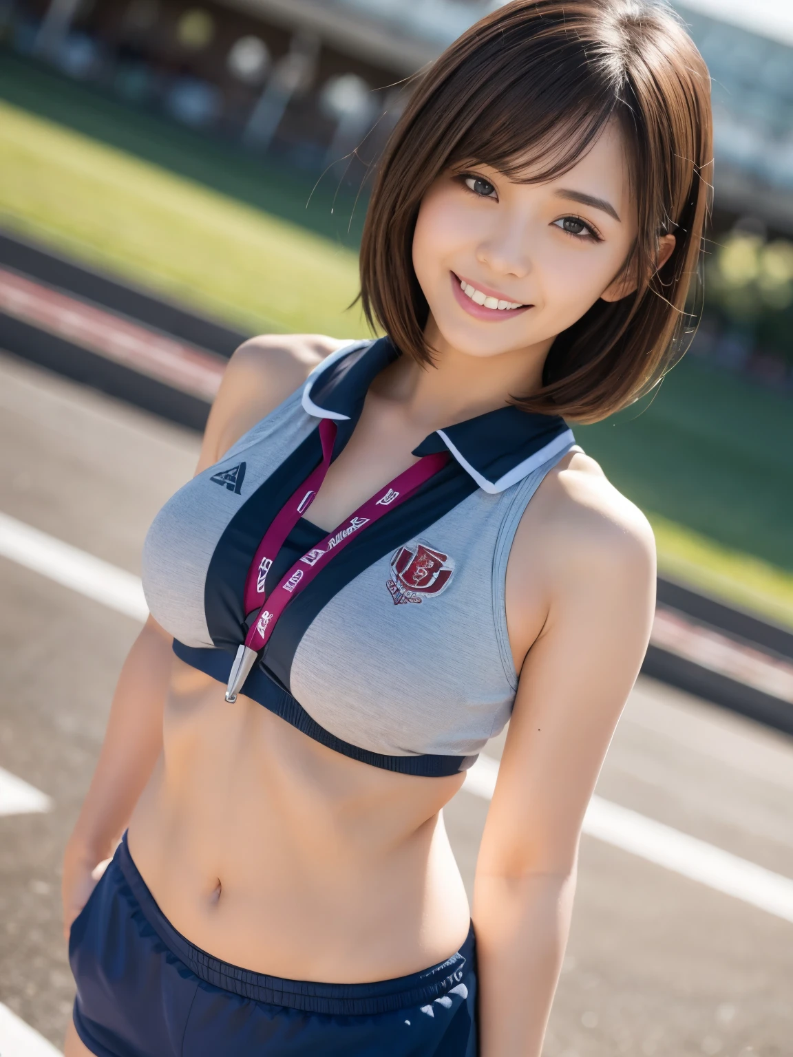 ((nup, gym uniform)),((smile)),(leaning forward),((Highest quality)), Realistic, Very detailed, In detail, ((High resolution)), 8k,Japanese women,Beautiful woman,gravure,sexy,Beautiful Skin,Beautiful Eyes,Detailed face,(Glamour),((short hair)),Brunette colored hair,20th Generation,Bust Size 87cm,Neat constriction,(Beautiful Eyes),(Adult),((Athletics Stadium))、(Light of the sun)、((Sweat))