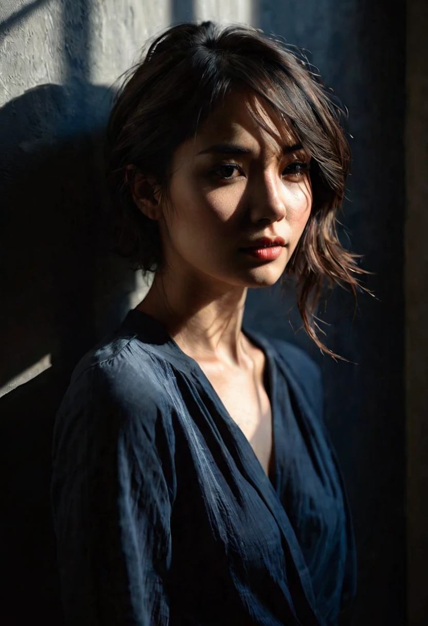 woman bathed in soft light, leaning against a wall, looking into the camera in a moment of raw emotion. Her attire is minimal, accentuating her beauty with the dramatic shadows cast by the lighting. The background is stark, with sharp contrasts highlighting the contours of her form. The blue and black palette intensifies the mood, evoking a sense of mystery and allure. Subtle film grain and meticulous shading add depth and texture, emphasizing the emotional gravity of the scene. The lighting creates a chiaroscuro effect, accentuating her expressive pose and the intense atmosphere.