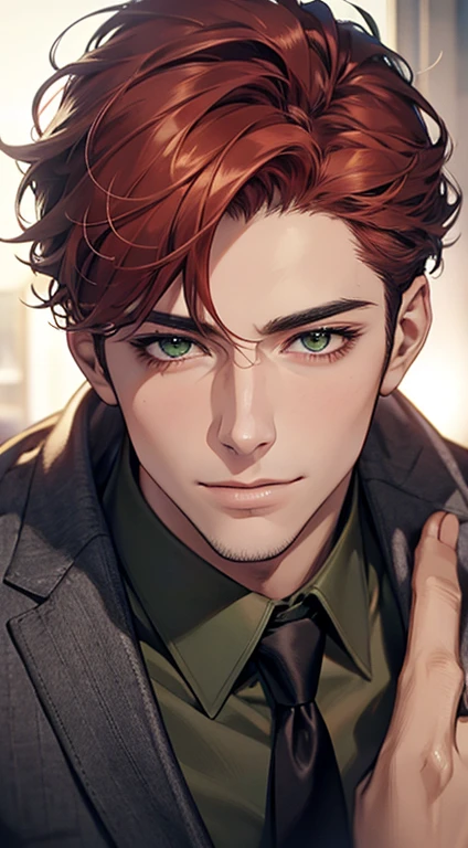 (Highest quality,4K,8K,High resolution,masterpiece:1.2),Super detailed,(Realistic,photoRealistic,photo-Realistic:1.37),1 person,31 years old,Mature Men,Beautiful skin、very handsome,Expressionless smile in love,Short gray red hair,green eyes,Sharp Eyes,A perfect face without a doubt,Businessman,Office Background,Cinema Lighting,HDR image,tie、