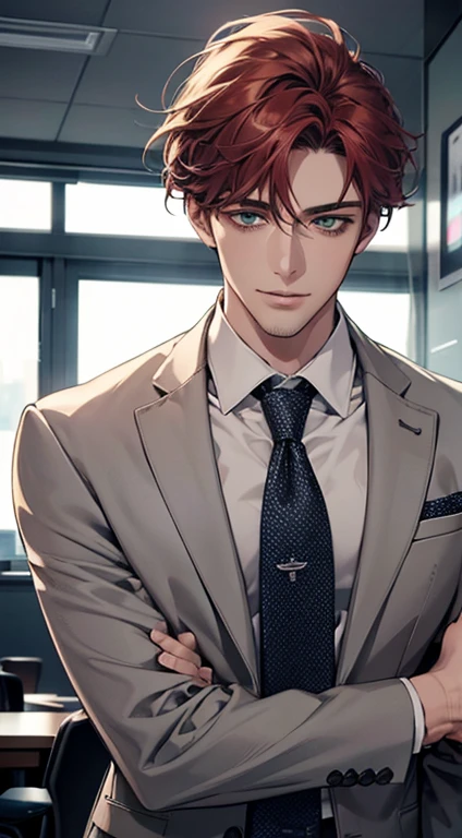(Highest quality,4K,8K,High resolution,masterpiece:1.2),Super detailed,(Realistic,photoRealistic,photo-Realistic:1.37),1 person,31 years old,Mature Men,Beautiful skin、very handsome,Expressionless smile in love,Short gray red hair,green eyes,Sharp Eyes,A perfect face without a doubt,Businessman,Office Background,Cinema Lighting,HDR image,tie、  