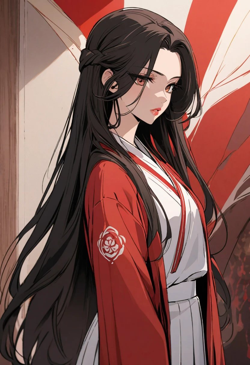 in manhwa style a adolescent japanese woman 17s. Her hair is long and black color. Her face is solitude, Her skin is clear, and her lips are red. Brown color eyes are captivating and beautiful. She wearing a school japanese uniform of the archery club