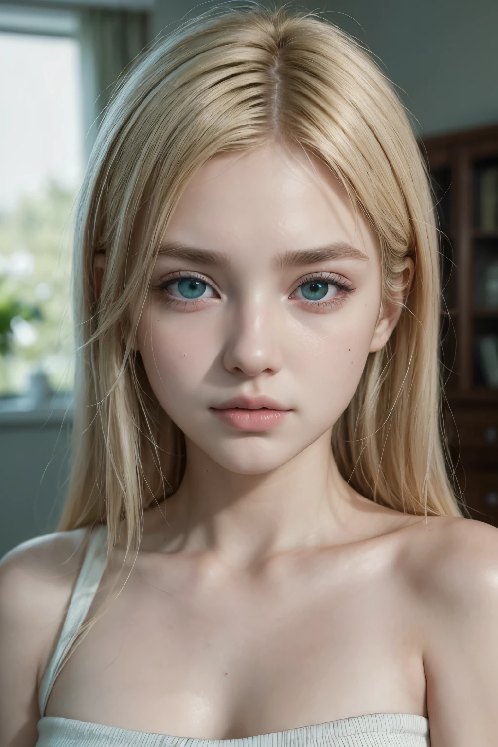 green eye color , SOFT skin color , square face type, blonde hair color , age 24 , photo is generated with high realism, with white lighting with a professional DSLR camera Sonyalfa77 , PORTRAIT PHOTO IN THE LIVING ROOM , eyes green