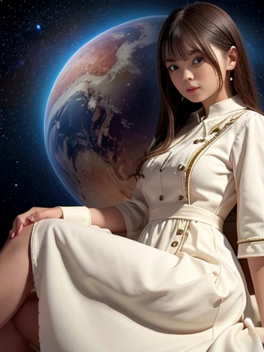 planets in series,sitting, semi long, (cream dress), cowboy shot, low angle shot