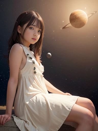 planets in series,sitting, semi long, (cream dress), cowboy shot, low angle shot