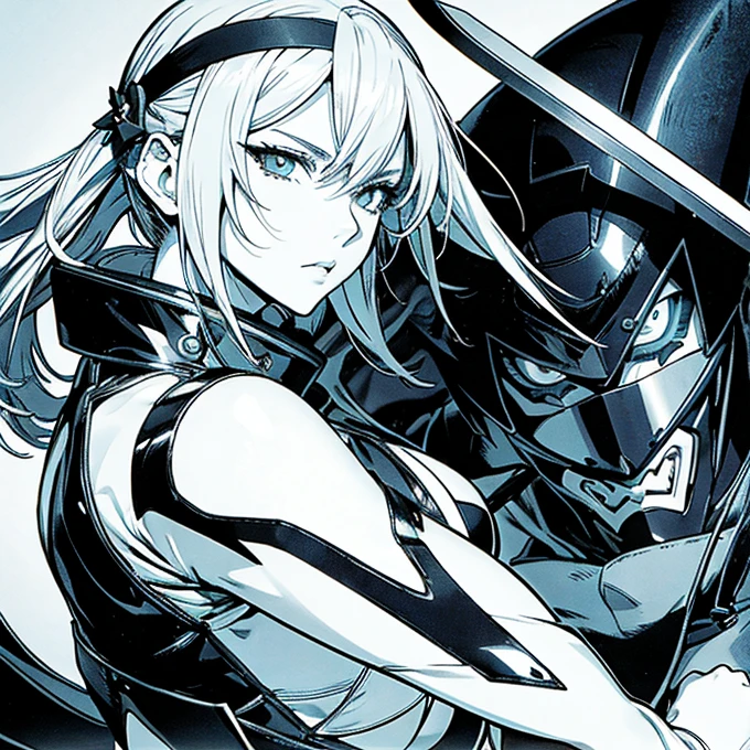 Cartoon close-up of a woman holding a knife, inspired Masamune Shirow, Masamune Shirowのスタイル, Yoji Shinkawa's art style, aerial viewyoji shinkawa, Full Color Manga Visual Style, Masamune Shirow, Comic Digital Art, Inspired by Yoji Shinkawa,Large breasted women,Pointed nipples,Thin fabric clothing((Torn Costume))The genitals are visible,My crotch is wet,Raised genitals,Pink pubic area,nude,