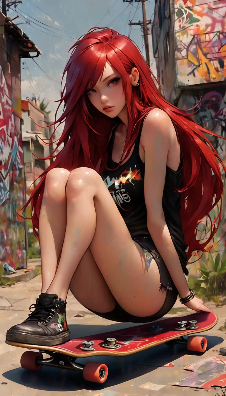 girl with long red hair, very sexy, punk look, sitting on top of a skateboard, miniskirt, tank top, side breasts, open legs we see her panties, abandoned neighborhood full of graffiti, , Bill Sienkiewicz inspired art