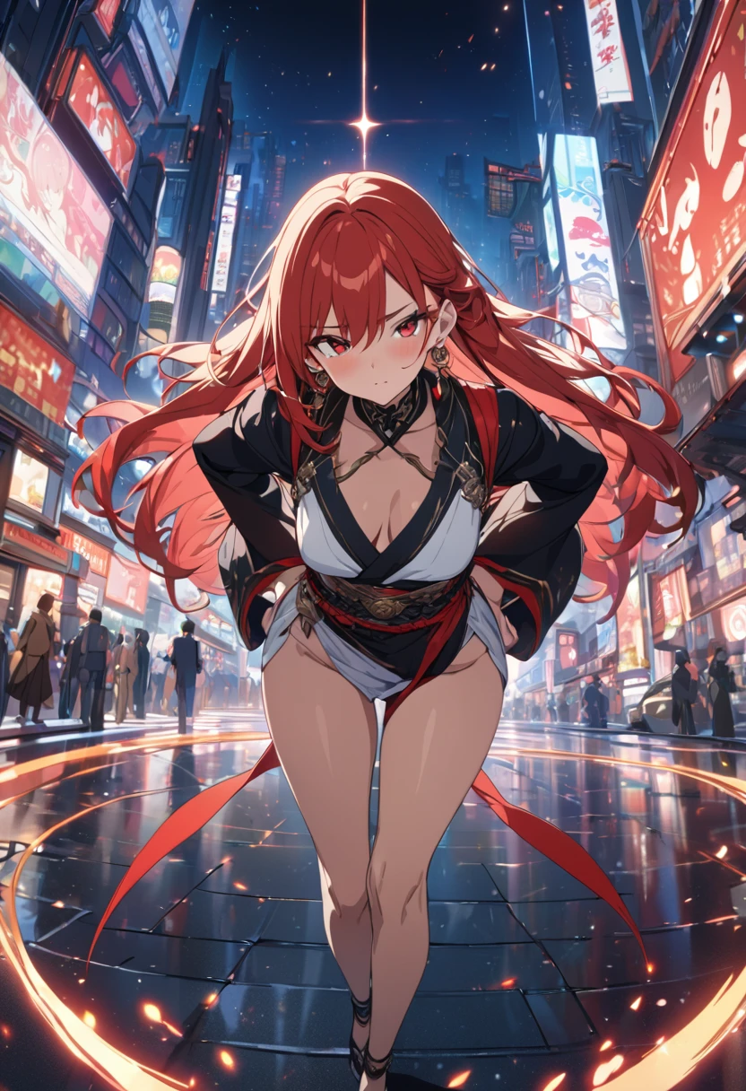 masterpiece, best quality, high quality, detailed, ultra detailed, hyper detailed, ly detailed, exquisite, beautiful, FHD, Full-HD, 4K, 8K, 16K, highres, absurdres, city, woman, warrior, looking at viewer, long hair, red hair, red eyes, tall, glamorous, earrings, in the city, with stardust, at night, cel anime, full body shot, golden ratio, slender, toned, shy, blushing, neutral, hands on hips, bending over, japanese clothes