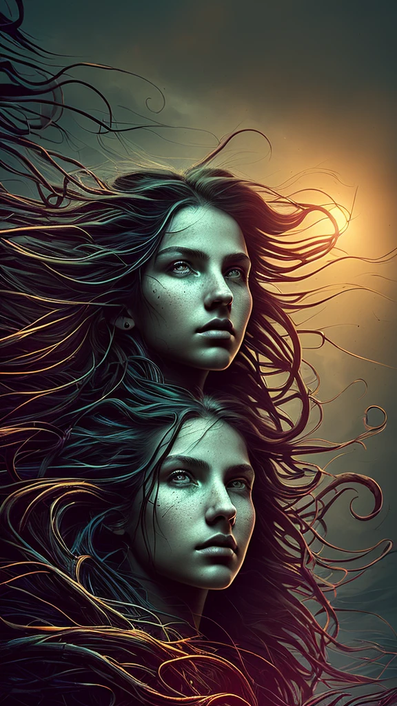(better lighting, better shadow, artwork, high quality, Shadow play, light, mist, moody, mysterious, glossy hair, earthy, vivid, cinematic, Film light, Hyper detailed, Hyper realistic, masterpiece, atmospheric, High resolution, Vibrant, High contrast, dark angle), in profile, ((face close-up)), ((beautiful face of 18 year old girl looking at the floating horizon)), ((dreadlock hair flowing :1.1 )), professional polaroid photography, dark dense forest, waterfall, sunset, sharp symmetrical artistic art, dan mumford style, HDR, realism, 8K, dark fantasy atmosphere, lovecraft style, ((JimJorCrafLogo art style:1.3)), (( close view))