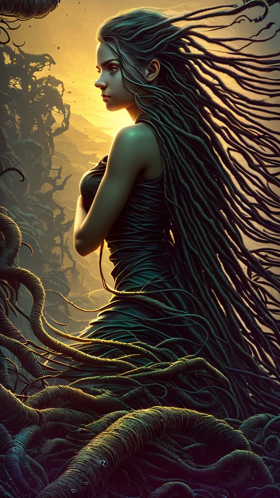 (better lighting, better shadow, artwork, high quality, Shadow play, light, mist, moody, mysterious, glossy hair, earthy, vivid, cinematic, Film light, Hyper detailed, Hyper realistic, masterpiece, atmospheric, High resolution, Vibrant, High contrast, dark angle), in profile, ((face close-up)), ((beautiful face of 18 year old girl looking at the floating horizon)), ((dreadlock hair flowing :1.1 )), professional polaroid photography, dark dense forest, waterfall, sunset, sharp symmetrical artistic art, dan mumford style, HDR, realism, 8K, dark fantasy atmosphere, lovecraft style, ((JimJorCrafLogo art style:1.3)), (( close view))