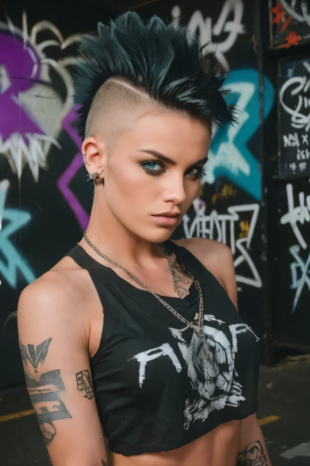 Photorealistic, ultra-detailed, ((Rocker punk girl, spiky mohawk hair)) girl, hot Body Brazilian Girl V.IT:1.4, ABS, tattoo, t-shirt nipples, t-shirt Written "666".portrait photo, grunge, side viewer, Solo, dimly lit room, edgy urban scene with graffiti, dark and moody, late evening, city lights flashing, neon lighting The essence of rock and roll, Spike hair, 18 years old, assertive, confident expression, showcasing multiple piercings, blurry background, analogue style, grunge texture, Best contrast, industrial, Instagram LUT, Professional, 4k, electrifying gaze, shot on Nikon, 50mm, shallow depth of field, ((Abandoned Graffiti Wall Background, cinematic lighting )).