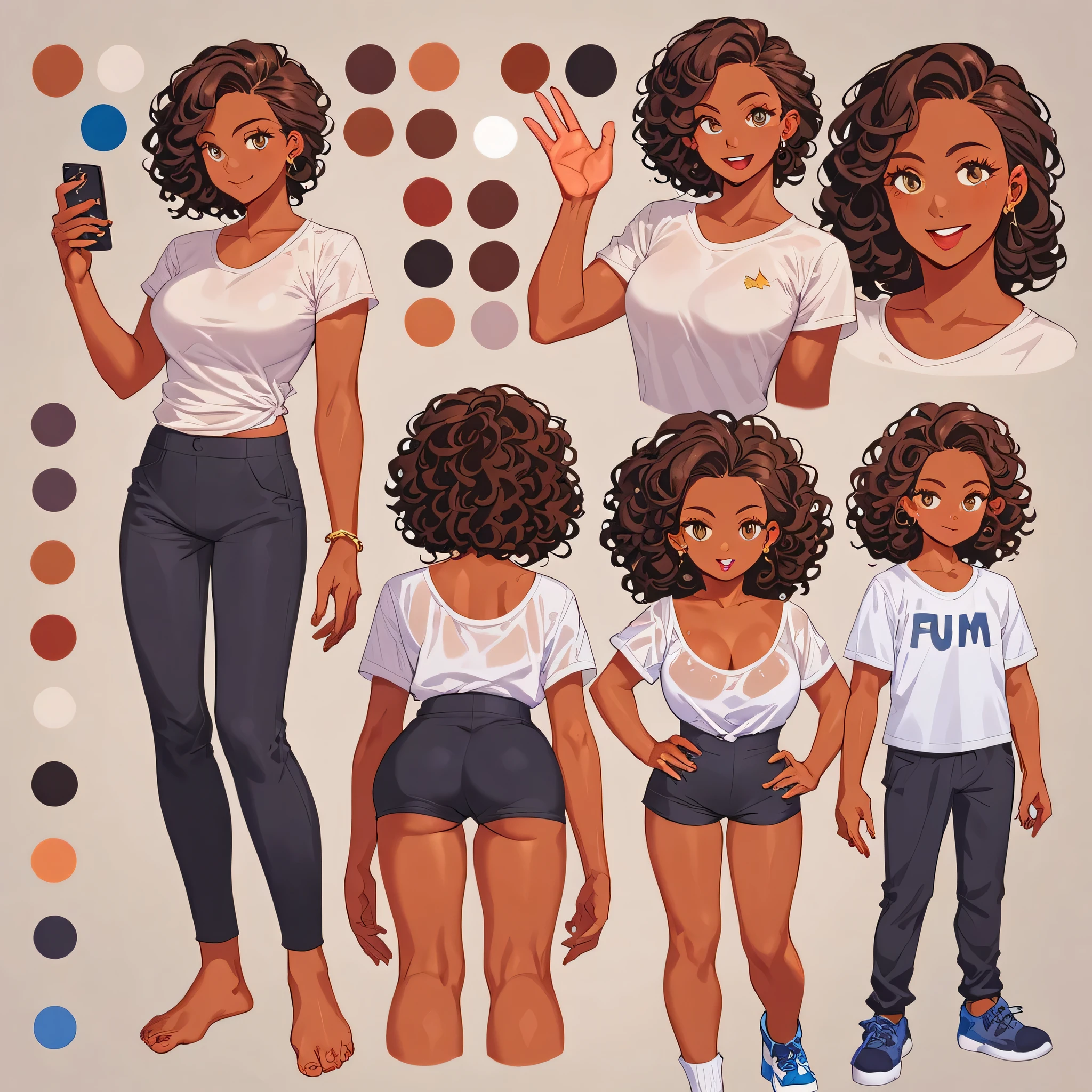 score_9, score_8_up, score_7_up, score_6_up, score_5_up, score_4_up, BREAK source_anime, 1girl, curly hair and black power, blue anda orange aura, dark skin, plum hair, dark brown hair color, black pants and dark blue t-shirt, black power hair a big plump curly hair, flat art sltyle, ambar eyes, Creative design, full body, Reference sheet, Character sheet, flat colors, flat art style