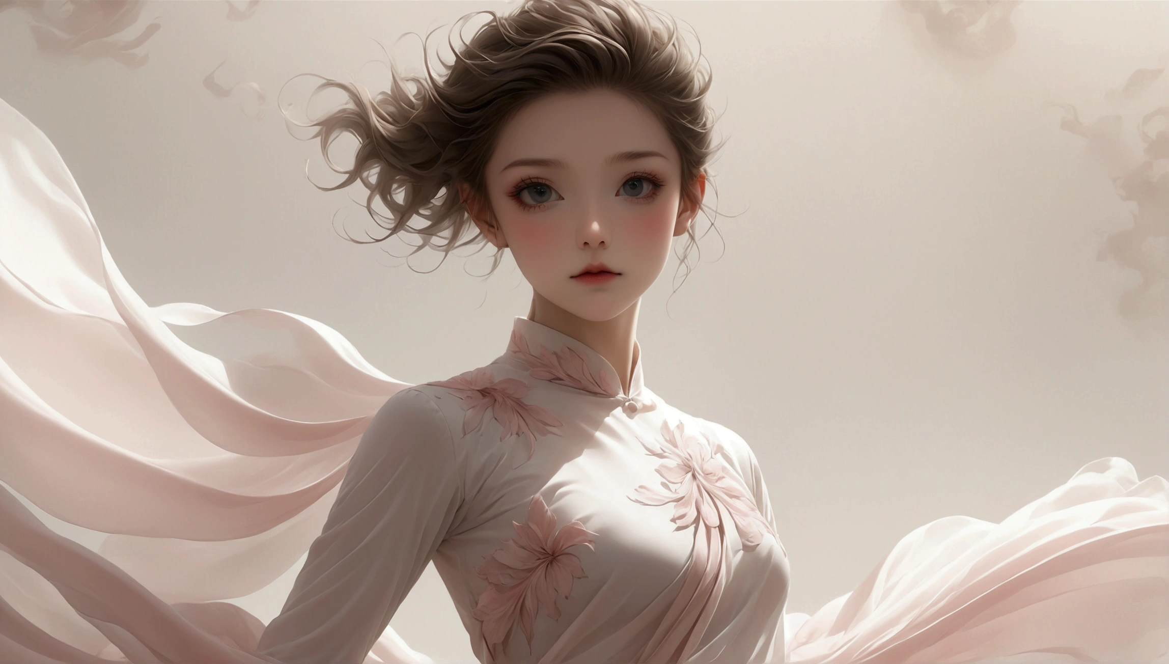 1 Girl,Pink petal skirt,The hem of the long skirt is like smoke filling the background,Petal pattern,Long hair in the wind,advanced sense,Fashion, Still photography, Loop video, Fascinating movement, captivating visuals, Seamless integration, Compelling storytelling, Vortex phenomenon, Angled form, Dynamic Movement, Bold Geometric Shapes, Fragment shape, sharp contrast, Influence of modernism, nature, , modern Art, Astonishing, Unreal Background, Art from (Alessio Albi:1.1), Soft lighting, happy emotion,(close up, Face Focus), (Fractal Art) Extremely detailed,The most beautiful form of chaos, elegant；A little girl，Solitary；A dancing little girl；[Black Eyeball，confidence，High and cold，happy]；[Long skirt elegant style，Long sleeve；Set，Light pink and white gradient，Traditional style，Smudged skirt hem，The whole screen is full of skirts，Skirt smudge background，Ink feeling，Sense of atmosphere，The skirt has no pattern]；[Chinese dance]，[[[Full body panorama 1.5]]]，front；The figure is submerged in the fabric of the skirt，Full screen fabric；Composition：The character is on the right side of the screen； Simple style；Minimalism。Panoramic photography；Depth of Field, Extraordinary details, masterpiece, high quality, 4K，cinematic lighting, motion blur, depth of field, sparkle, ray tracing, reflection light, anatomically correct, uhd, textured skin, best quality, super detail, highres, high details, accurate, high quality, award winning
