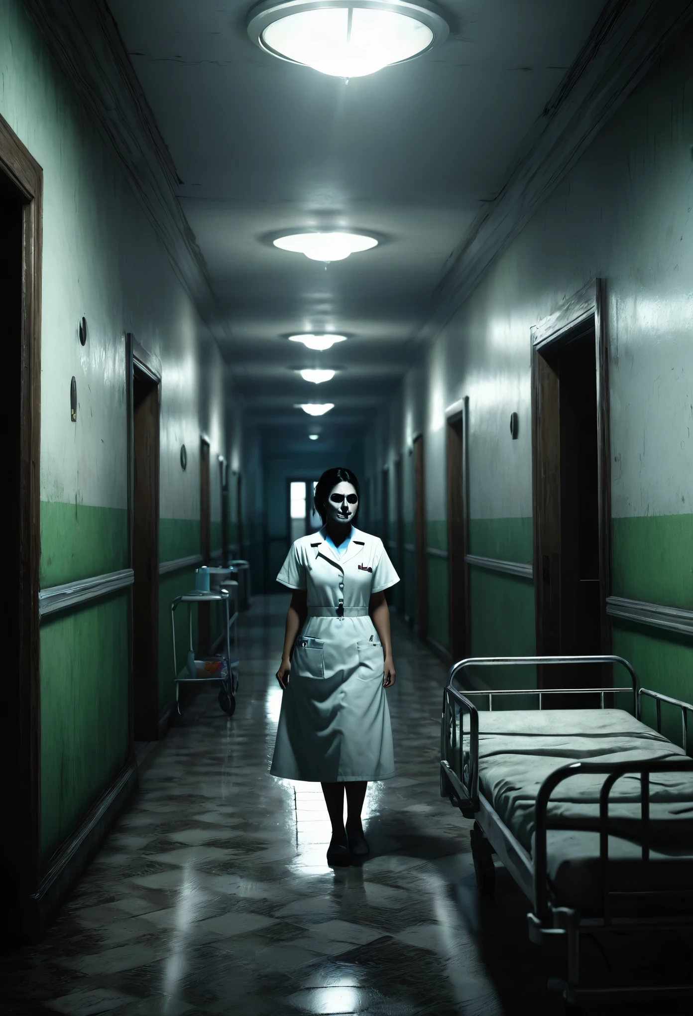 mexican nurse, old hospitals, scary atmosphere, horror games, epic realistic, intricate details, hyper detailed, cinematic, rim light, 