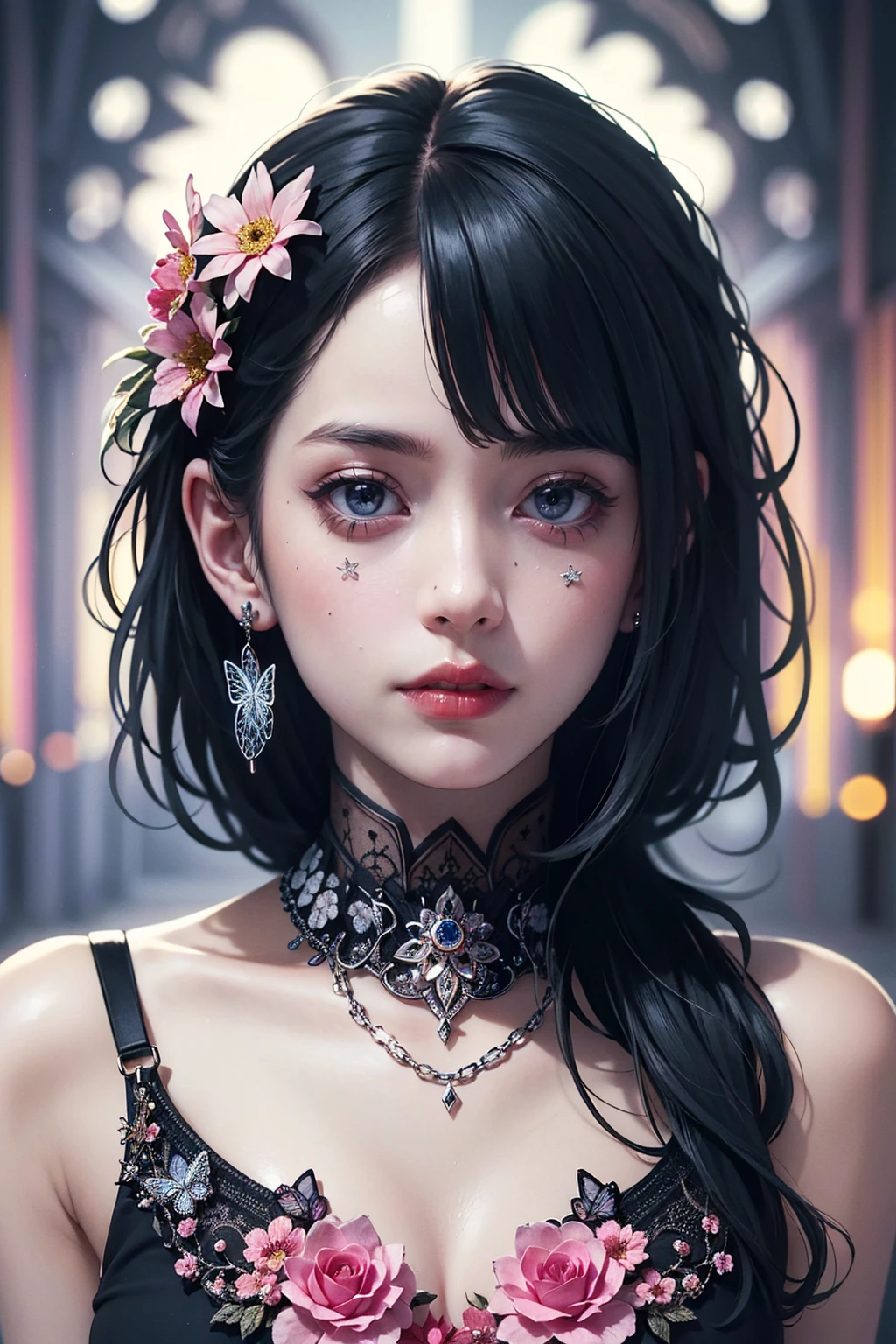 Masterpiece, (Highest quality), ((Most detailed)), Depth of written boundary, Beautiful girl, Beautiful Face, nature, Spirit, flower, Colorful landscapes, Flowers, butterfly, Glowing Dress, element