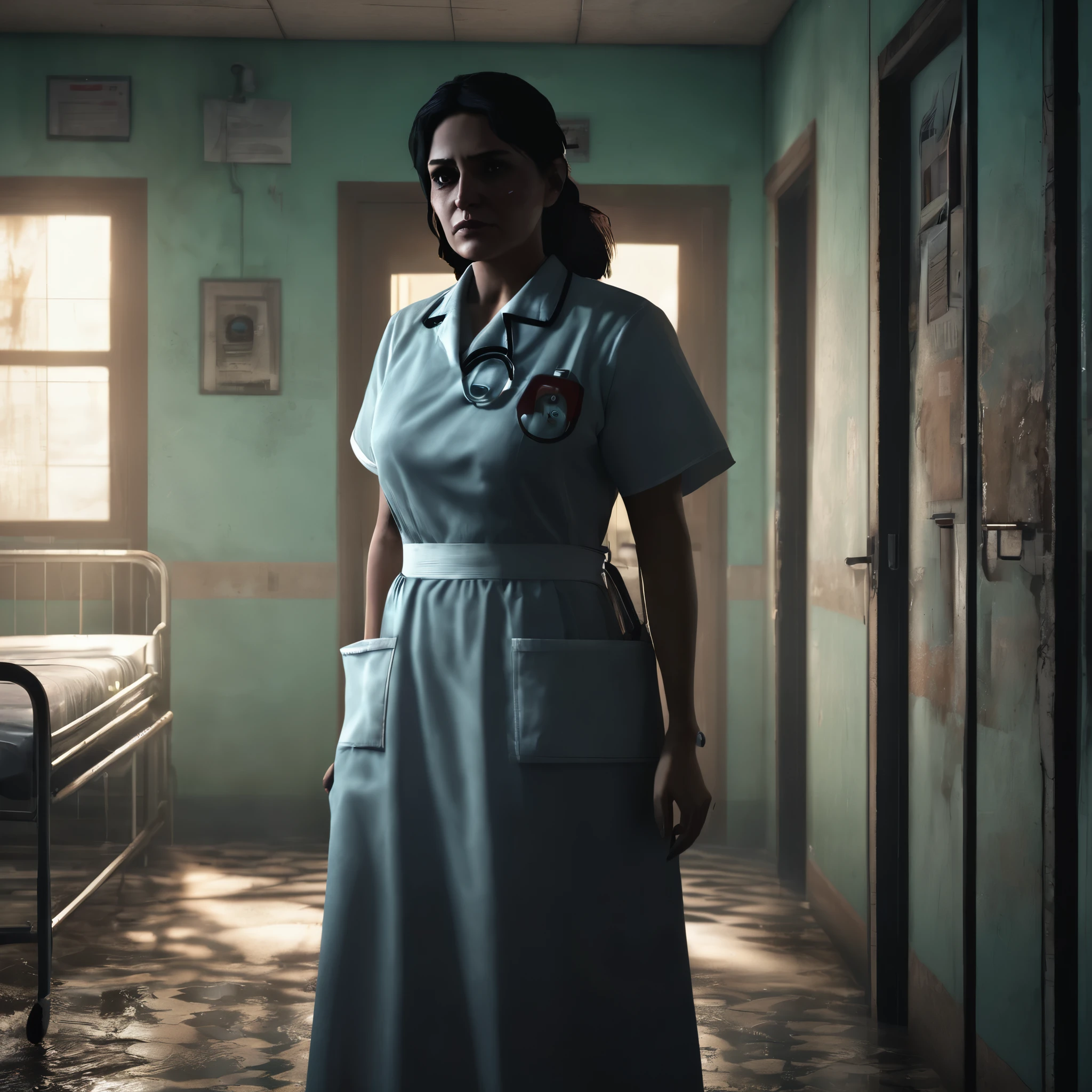 mexican nurse, old hospitals, scary atmosphere, horror games, epic realistic, intricate details, hyper detailed, cinematic, rim light,