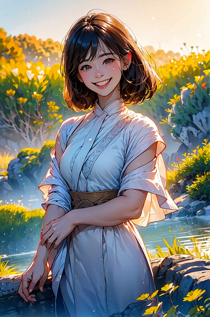 (in 8K、top-quality、masterpiece:1.2)、One woman、(Smiling smile:1.1)、beautidful eyes、Valley、The upper part of the body、shorth hair、Like a boy、short-cut、red view、