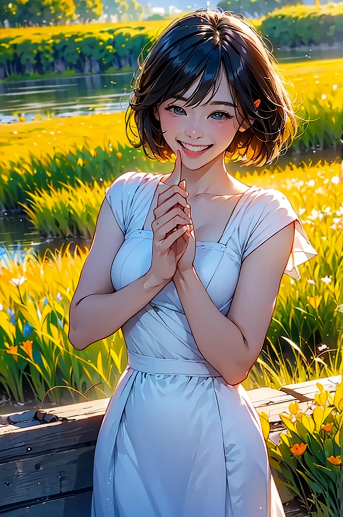 (in 8K、top-quality、​masterpiece:1.2)、One woman、(Smiling smile:1.1)、beautidful eyes、Valley、The upper part of the body、shorth hair、Like a boy、short-cut、red view、
