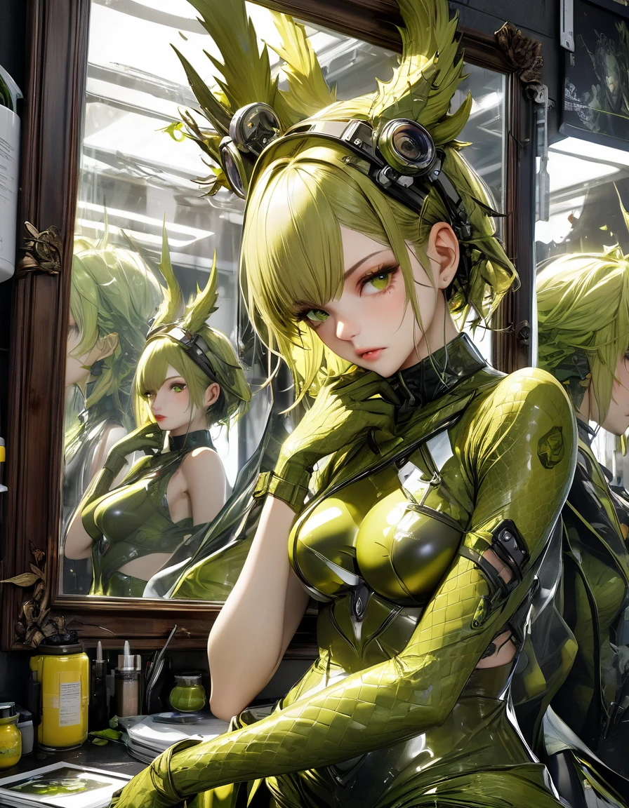 atmosphere oleosa sombria Artwork By Jesper Ejsing Looking into the mirror of truth Detailed cyber dragon punk girl sexy DBZ Arlequina Naruto fênix Carne Griffiths Michael Garmash, seb McKinnon, masterpiece", Green gold latex art, in 4D lighting, 8k concept art; ; trending on artstation; deep color; ink drawing; In Futuristic Ultra Detailed , fear Background, Highly Detailed, in buraco negro Scale Like Skin, Daz 3d, Unity, Unreal Engine 5