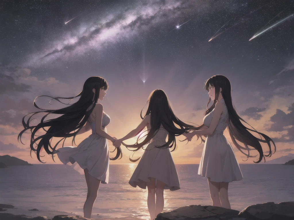 Three-person idol group、Back view、silhouette、Anime Style, In the sky, Across the sea, Open both eyes, Fine-grained, In the sunset, smile, masterpiece, 4K, Detailed face, Good anatomy, highlight, Dreamworks art style, planets in the distant sky, evening background, masterpiece high quality PEToonLand galaxy,stars,planets,meteor shower,Large breasts,I have long hair,Black Hair,profile,It's dusk,whole body