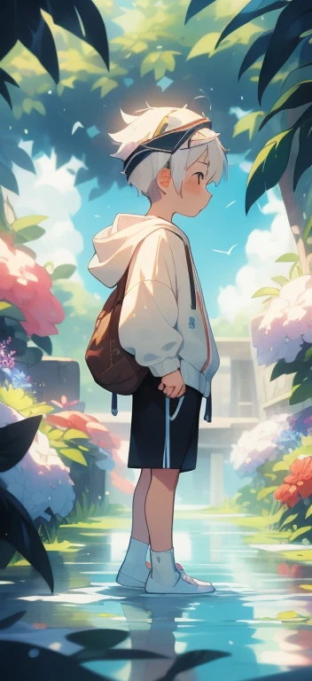 Shota with white hair and white socks walks in the sea of flowers，Profile， (hooded sweater_hood on head)，short