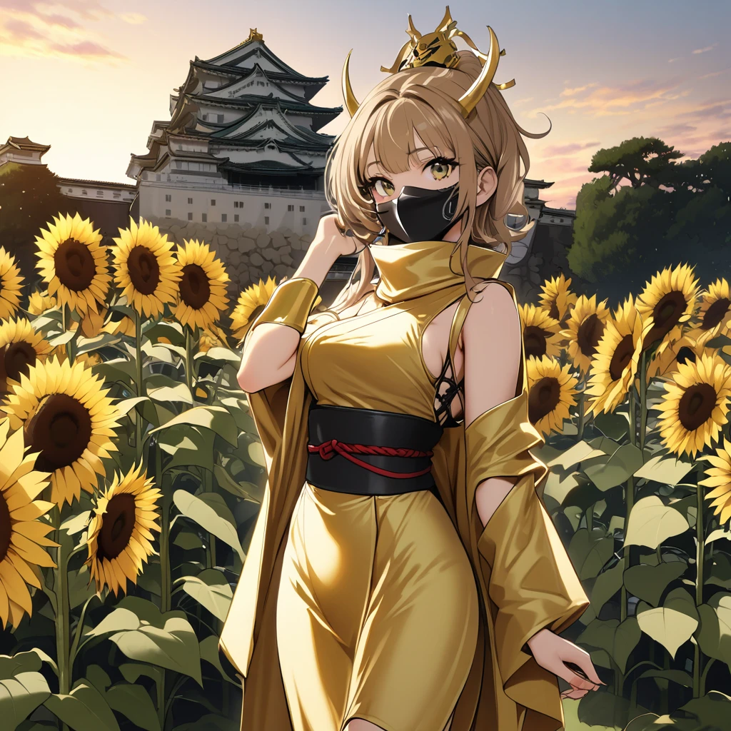 Top quality, masterpiece, kunoichi, golden ninja costume, muffler, mask civilization of mechanical technology, Nagoya castle, golden shachihoko, sunflower, evening