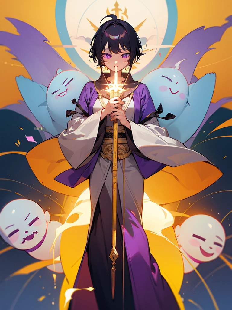 Buddha,Purple eyes, Gold Ghost, Black Short Hair, Priest's clothing, torii, male, Buddha, Praying with hands together, Zazen, Blue Flame, Lotus Field, pure land, 神Buddha融合