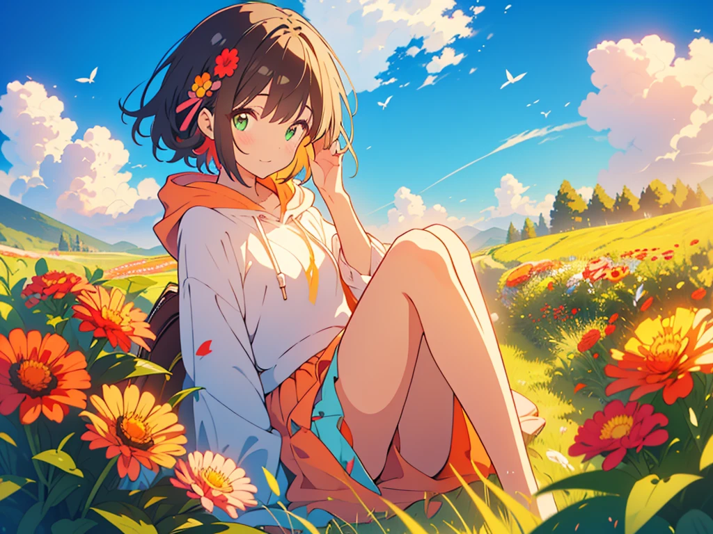 kawaii, anime, Cute, hyper quality, highly detailed, 8k, Clarity, Draw facial expressions in detail, A girl with long dark brown hair winks, Zinnia, colorful zinnia flower field, highlight on eyes, Moe sleeves, smile, clear sky, The wind passes through, Flowers waving in the wind, Colorful zinnia petals dance in the sky, wave one hand, Sit with one leg extended and your knees raised, A pile of books on my back, reading in the meadow, red zinnia, yellow zinnia, white zinnia, pink zinnia, wearing a short-sleeved hoodie, skirt, Books scattered around, sit, The expression is a wink, A cluster of colorful zinnias grows, The flowers are wet with morning dew and shine, A bird flaps its wings in the sky, Thank you for waving, The color of the open eyes is green, upward glance, wave one's hands, wave hands, Zinnia bookmark, Pressed zinnia flower bookmark, holding a book, green eyes, clouds running, parabola in the sky, close one eye, Draw only one person, celebration, Congratulations !, put on a hoodie, wear a small crown,