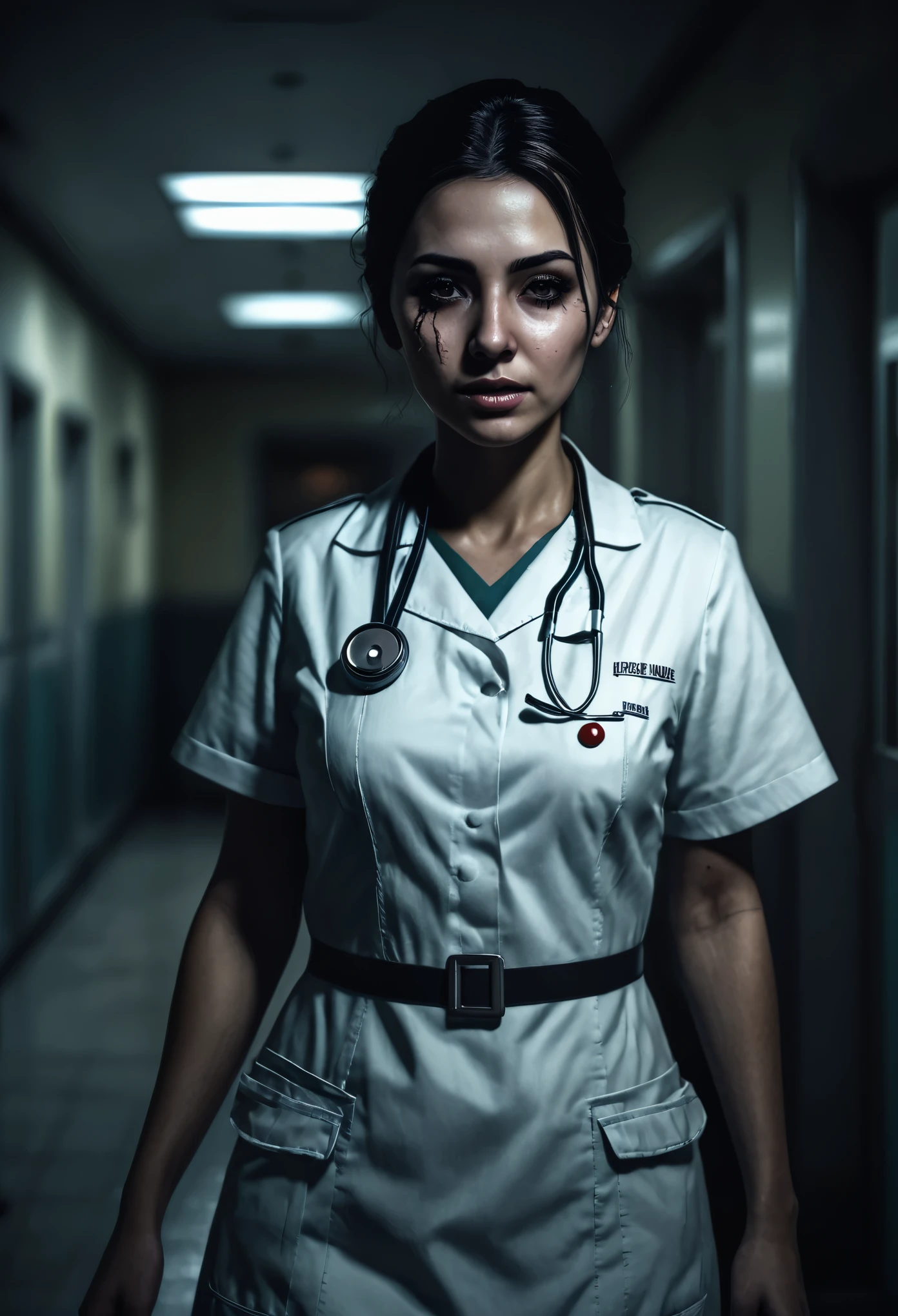 mexican nurse, old hospitals, scary atmosphere, horror games, epic realistic, intricate details, hyper detailed, cinematic, rim light, 