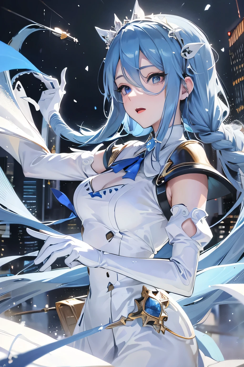 1girl, High accuracy, Masterpiece, Single, Anime, Absurdities, Detailed face, Perfect blue eyes, Azura (Snow logo), Upper body, Full body, White dress, jewelry, White gloves, city Scape, Detain, Work crew, singing