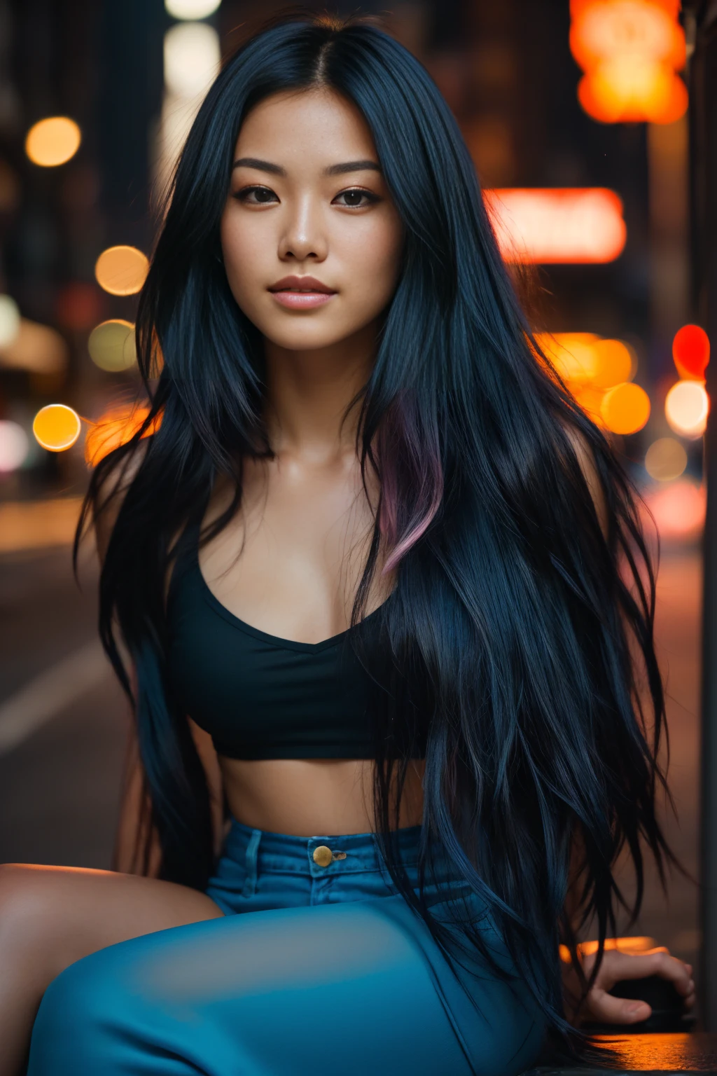 arafed woman with black hair with blue high lights sitting on the beach, flowing  black hair, with long black hair, photo of a beautiful woman, long flowing pink hair, pink golden hour, curly pink hair, beautiful young asian woman, beautiful asian woman, wild ginger hair, pink wispy hair, light pink hair, a young asian woman, an asian woman, infp young woman, (straight half of the torso: 1.4), Portrait photo of a 24-year-old french girl in RAW UHD format (Brown-eyed woman) Walk down the dark alley, night city, Details (textures! , Hair! , glistering, Color!! , imperfections: 1.1), highly detailed glossy eyes (looking at the camera), DSLR Lighting, SLR camera, Ultra-Quality, sharpness, Depth of field, Film grain (Downtown), Fujifilm XT3, Crystal clear, Frame Center, beatiful face, sharp-focus, street, neon lighting, bokeh (dimly lit), night time, (night  sky), detailed skin pores, oilly skin, suntan, Complex eye details,  ((mug of coffee in hand)), realistic hands