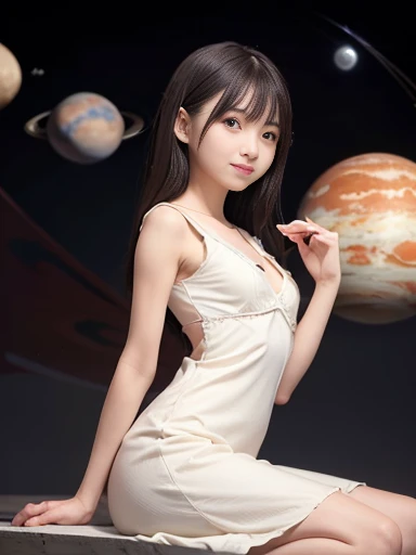 Japanese female, a lot of details, (underweight), detailed black hair, beautiful detailed hair, super fucking beautiful, delicate beautiful face, complex details beautiful and delicate eyes, perfect hands, (flat chest best quality:1.5), perfect and delicate limbs, detailed skin, best quality, ultra-detailed,(cheerful grin:1.3),
(planets in series:1.5) ,sitting, semi long, (cream dress), cowboy shot, low angle shot