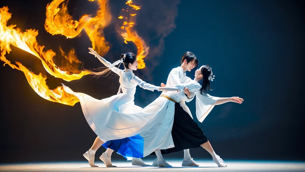 A couple dancing - a Japanese  girl long white hair .,swaying beauty, She wears kofurisode kimono all white, white of translucent ice, Japanese  girl long black hair .,swaying beauty, She wears kofurisode kimono all black, black of vibrant flames. Close dance pose, hands intertwined creating steam. Split background: icy landscape/volcanic scene . Shadows blend elements. Color palette: cool blues/white/reds/yellows . Composition conveys conflict and harmony of opposing elements.