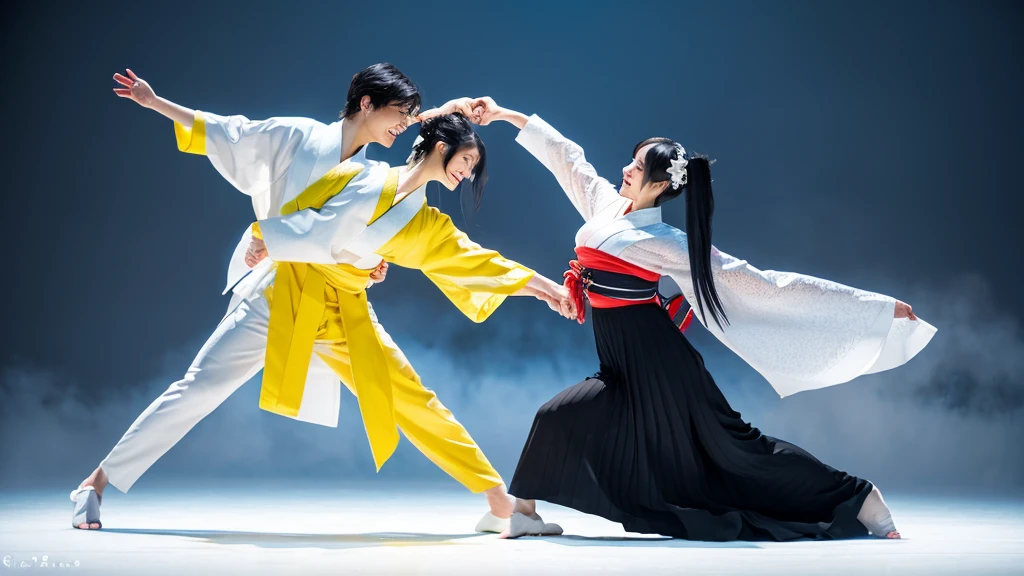 A couple dancing - a Japanese  girl long white hair .,swaying beauty, She wears kofurisode kimono all white, white of translucent ice, Japanese  girl long black hair .,swaying beauty, She wears kofurisode kimono all black, black of vibrant flames. Close dance pose, hands intertwined creating steam. Split background: icy landscape/volcanic scene . Shadows blend elements. Color palette: cool blues/white/reds/yellows . Composition conveys conflict and harmony of opposing elements.