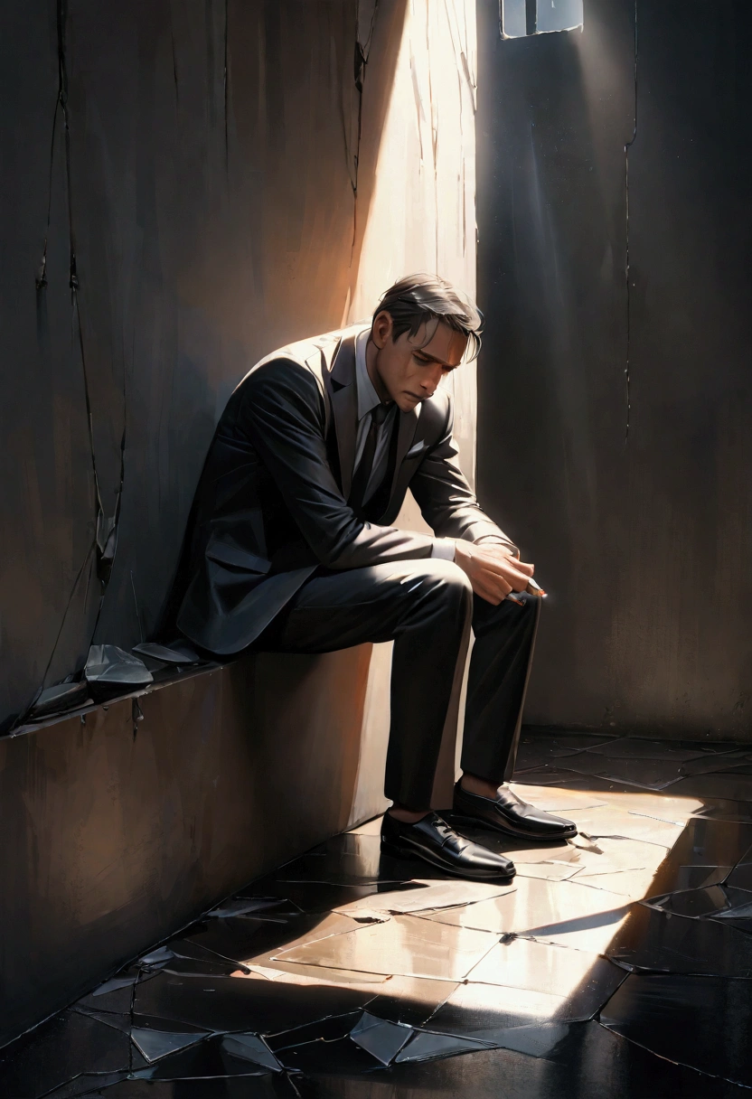 a man sitting on the floor, smoking a cigarette, dressed in a suit, black tie, broken glass on the floor, leaning against a wall, dark and gloomy scene, highly detailed, photorealistic, cinematic lighting, dramatic shadows, moody atmosphere, 8k, hyperrealistic, masterpiece