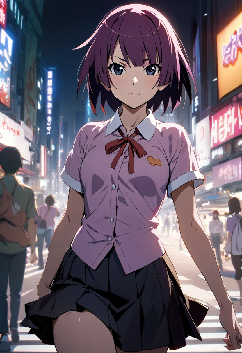 1girl, senjougahara hitagi, short hair,monogatari \(series\), collared shirt,shortsleeves,pleats skirt,in the shibuya,masterpiece, best quality, absurdres,