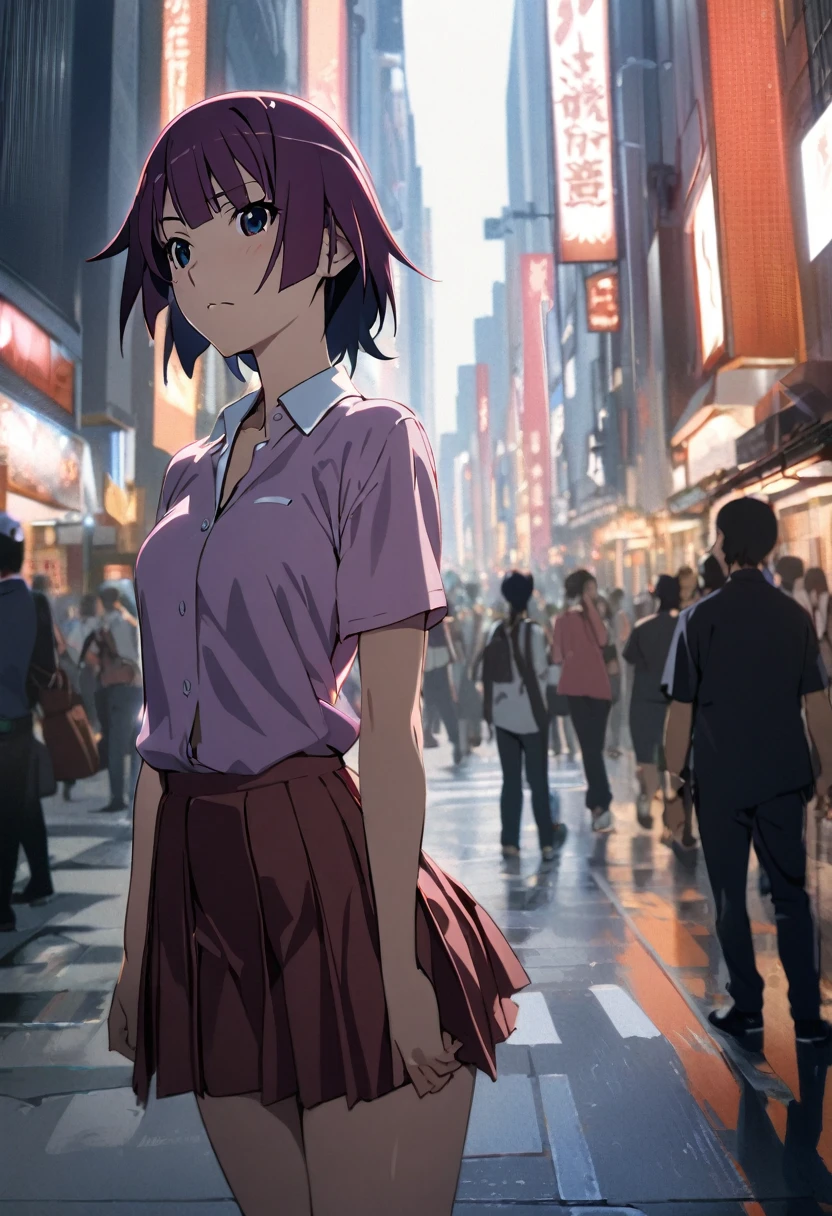 1girl, senjougahara hitagi, short hair,monogatari \(series\), collared shirt,shortsleeves,pleats skirt,strings tie,dynamic angle,in the shibuya,masterpiece, best quality, absurdres,