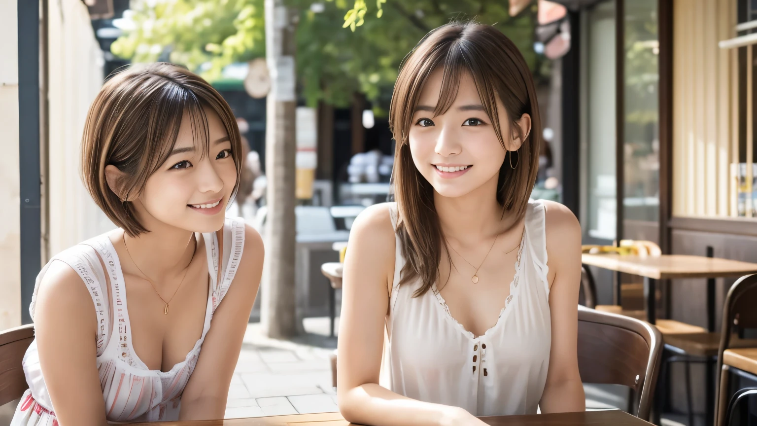 super high quality, thinのネックレス, thin, Gravure photo session, The staff is working at the counter in the back.., (8k、RAW Photos、Highest quality、masterpiece:1.2), Japanese Idols, Sportswear, Stylish cafe, People having fun at the cafe々Bustling with., (Realistic、Realistic:1.37), Mesh Hair, Urban Cafe, Golden Ratio, RAW Photos, Cute Face , Light brown hair, Small breasts, Bright cafe interior, Summer clothes, Cafe Terrace, Open Cafe, A kind smile, Hair blowing in the wind, Dress neatly, boyish, Very short hair, 18-year-old, younger sister, Fashionable clothes, 

