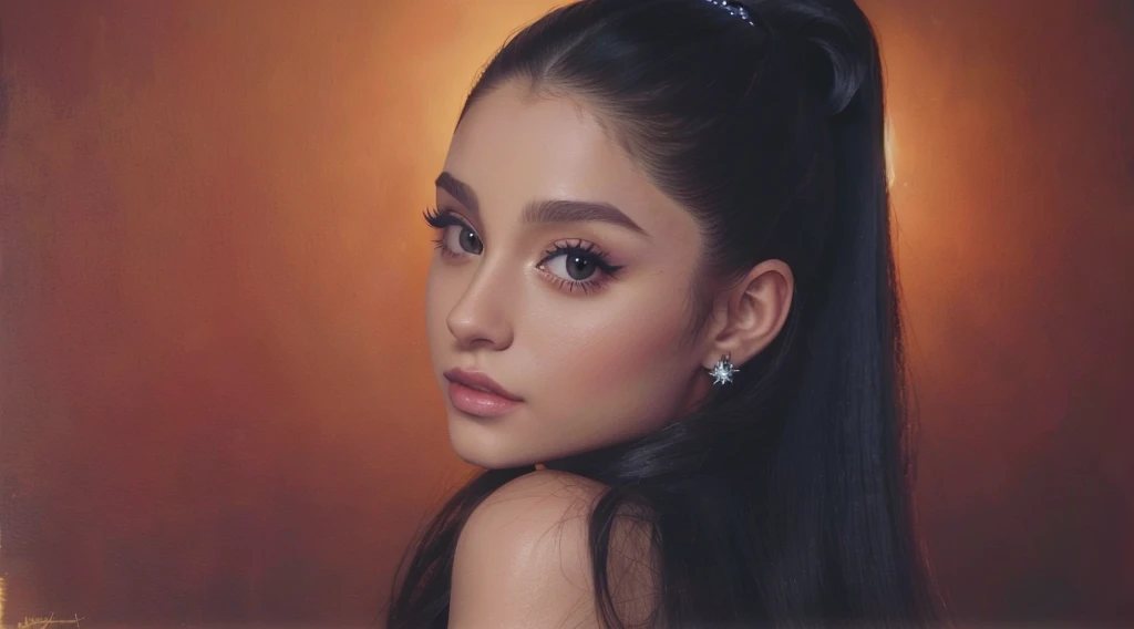 a close up of a woman with long hair wearing a black dress, Retrato de ariana grande, ariana grande, straight low ponytail hair, Nice Poarch, ariana grande Fotografia, ariana grande as a sith, Cl, ariana grande em Star Wars, Pintura de ariana grande, inspired by Gina Pellón, ariana grande portrait painting, foto perfil, smooth in _ the background